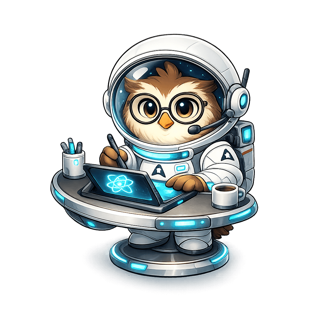 Owler at a futuristic workstation, preparing coding challenges